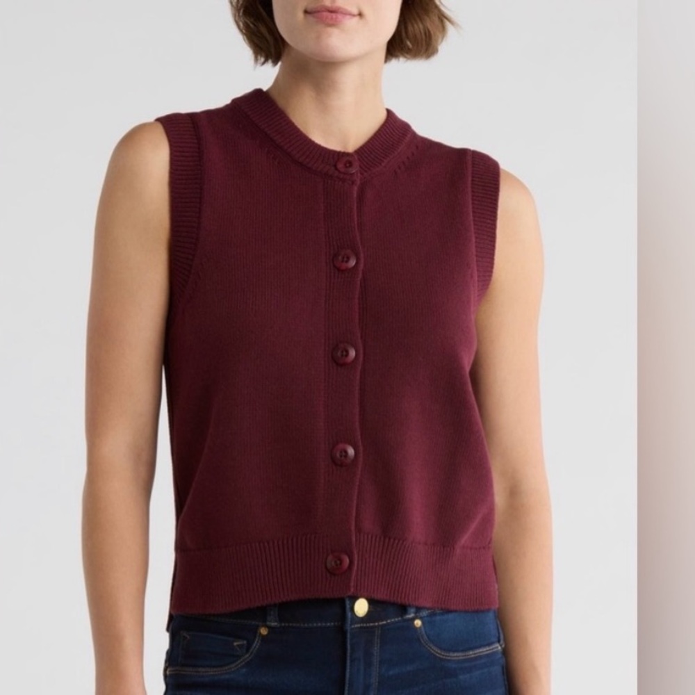 Like New French Connection Mozart Sleeveless Sweater Vest, XL, Bordeaux, Cotton